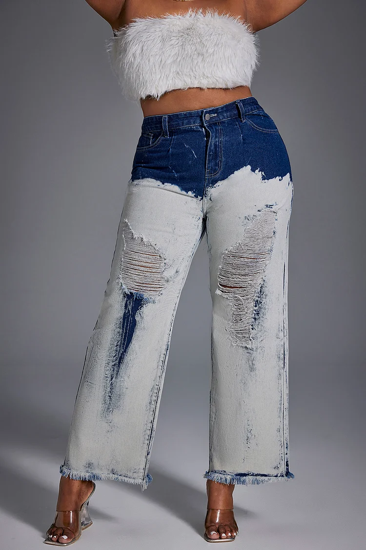 Xpluswear Design Plus Size Daily Jean Blue Tie-Dye Straight Leg Gradient Denim Jean [Pre-Order]