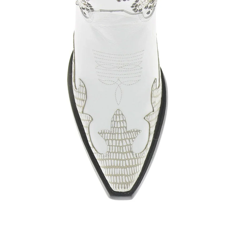 Patchwork Studded Embroidered Snip Toe Knee High White Cowgirl Boots