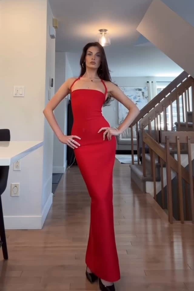 Oknass Charming Red Halter Neck Sleeveless Long Prom Dress With Mermaid
