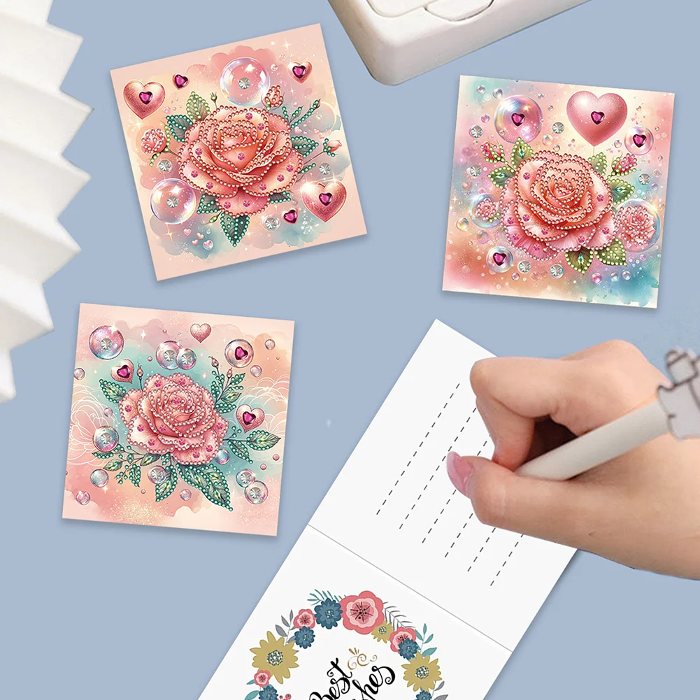 6Pcs Love Rose DIY Diamond Painting Greeting Card 5D Drill Painting Card Kit【With White Envelope】