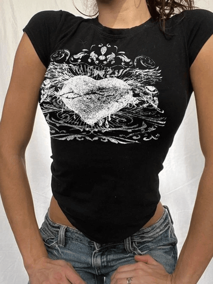Brownm Vintage Heart Print Short Sleeves Tee