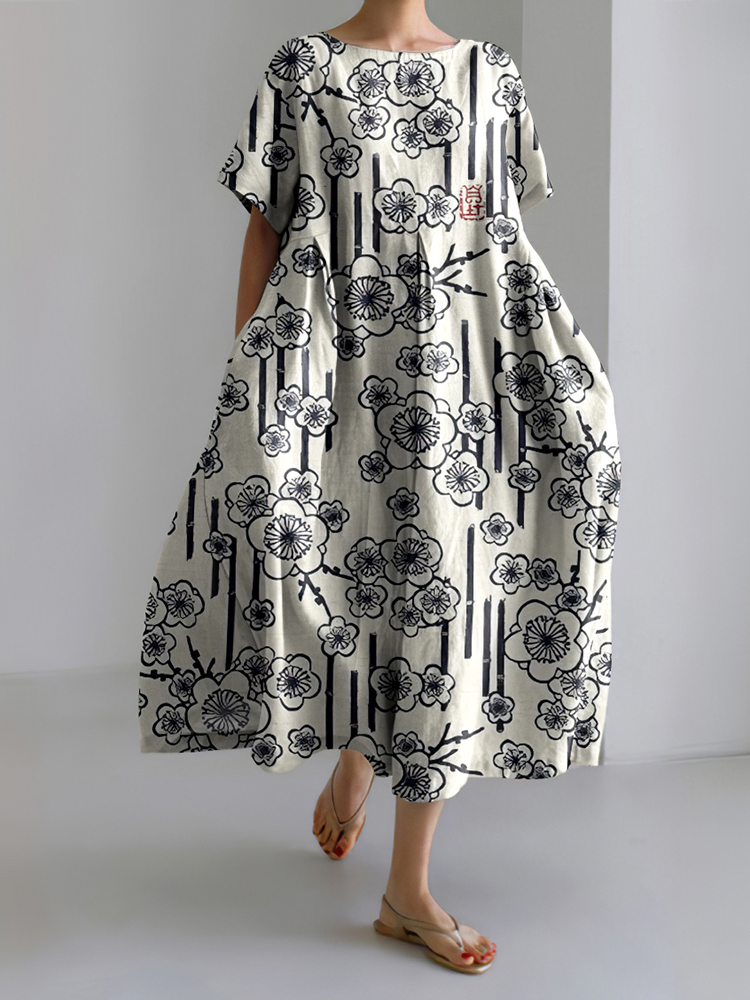 Comstylish Japanese Art Cherry Blossom Print Short Sleeve Loose Midi Dress