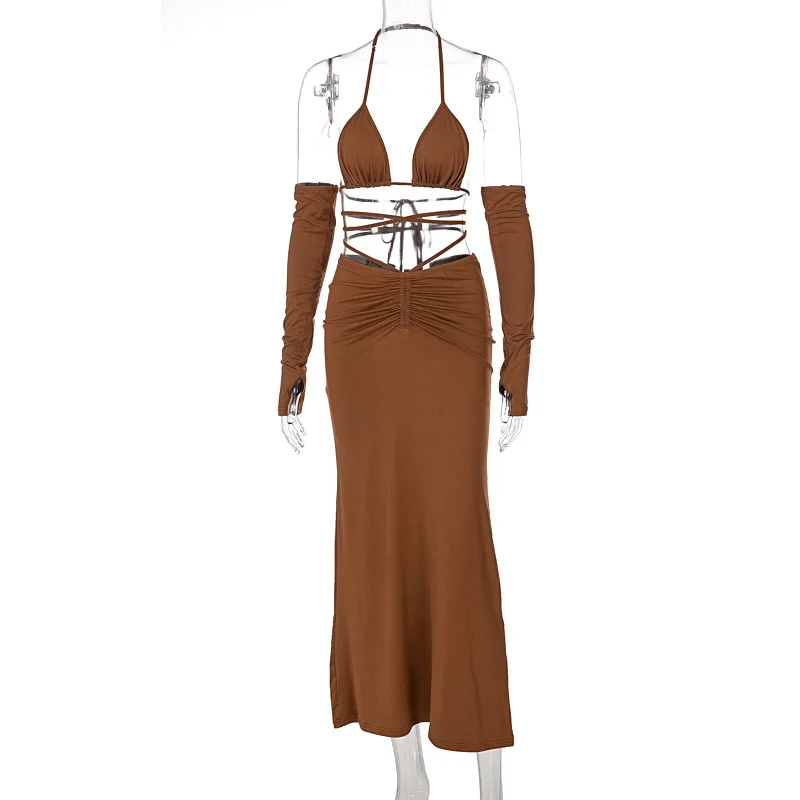 Brownm 2 Piece Sexy Outfits For Woman Halter Neck Top And Long Skirt Set Drawstring Ruched Bandage Summer Beach Outfits Two Piece Set