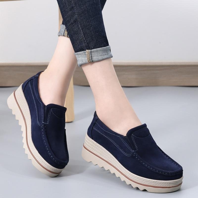 Height Increasing Black Women Flat Platform Shoes Female Casual Tassel Genuine Cow Leather Swing Shallow Walking Shoes Plus Size 1102