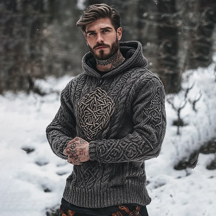 Men's Vintage Viking Jacquard Cozy Knit Hooded Sweater