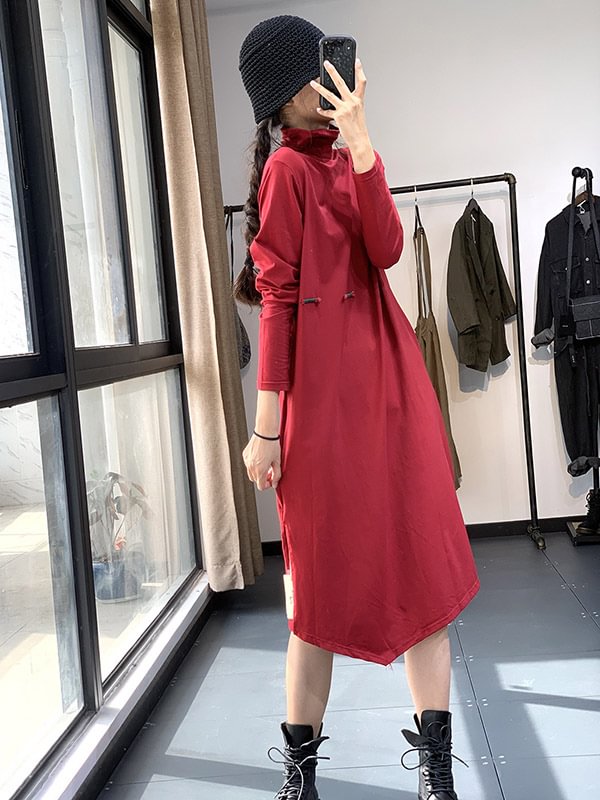 Artistic Retro Buckle Long Sleeve Dress