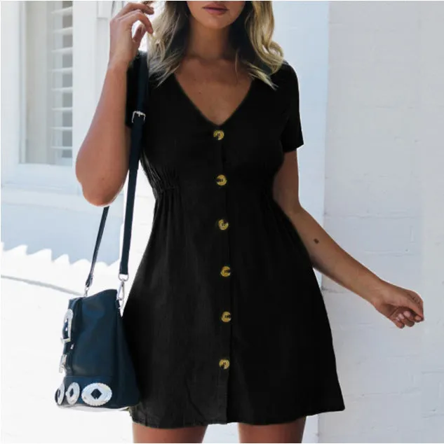 Uveng Street Hipster Solid Color V-neck Slim-fit Button High Waist Dress