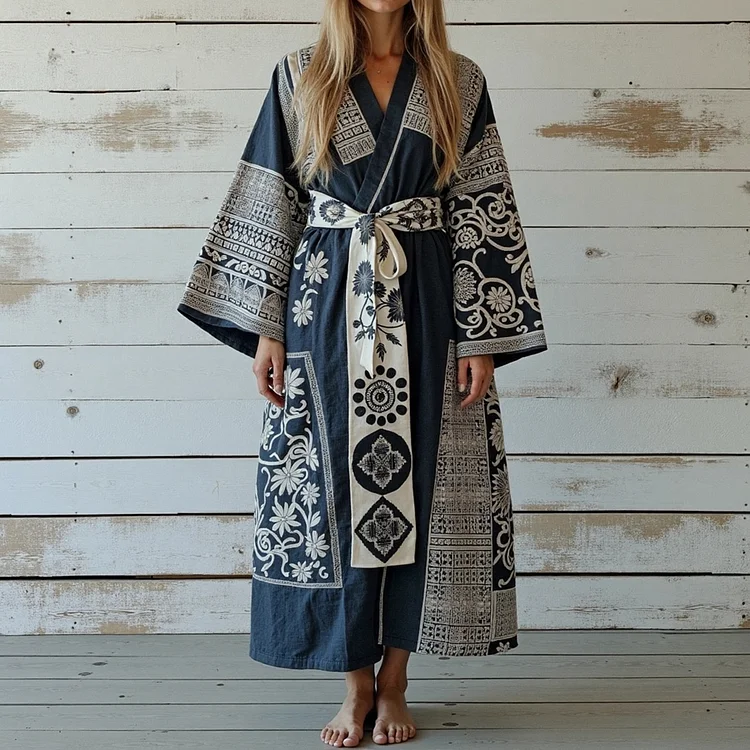 Utbros Women's Japanese Traditional Sashiko Art Linen V-neck Robe