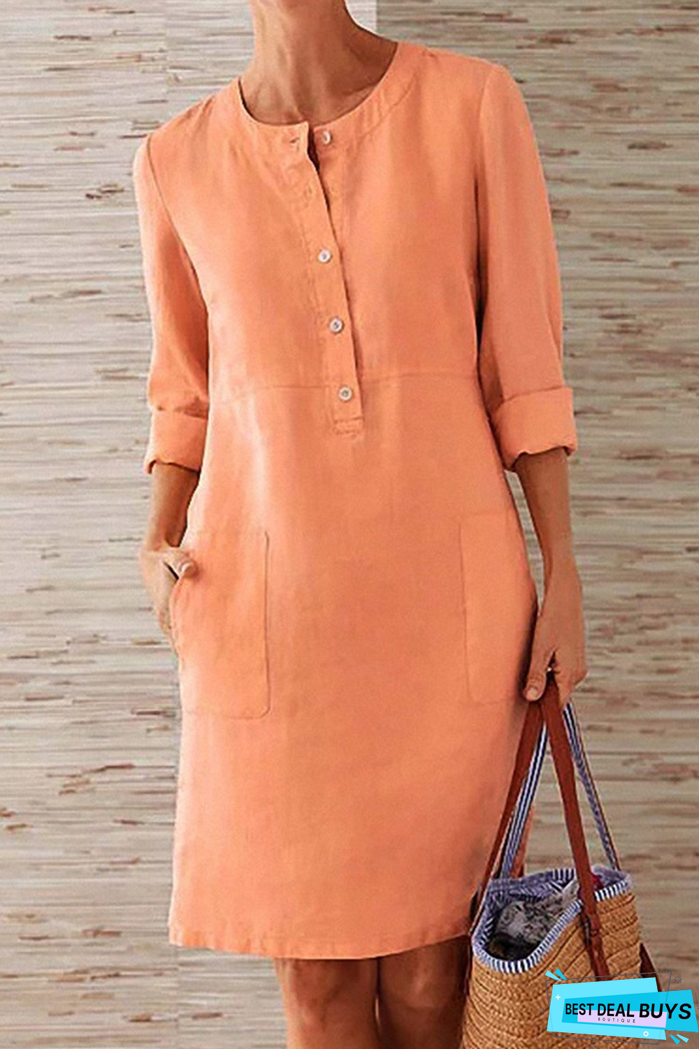 Casual Solid Pocket Buckle O Neck Long Sleeve Dresses(6 Colors)