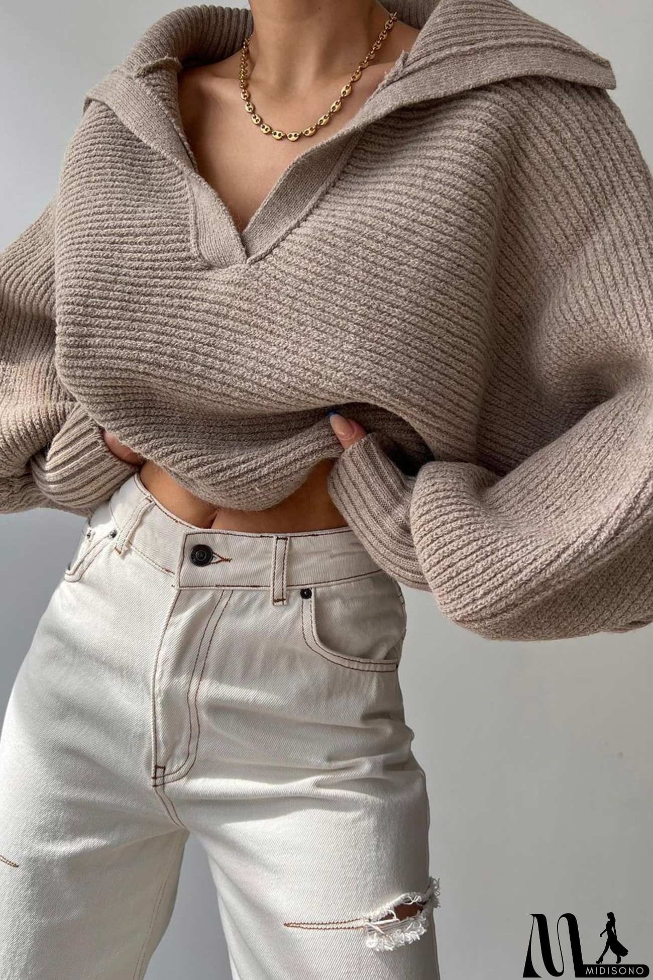 MidiSono - Lapel V Neck Puff Sleeve Sweater