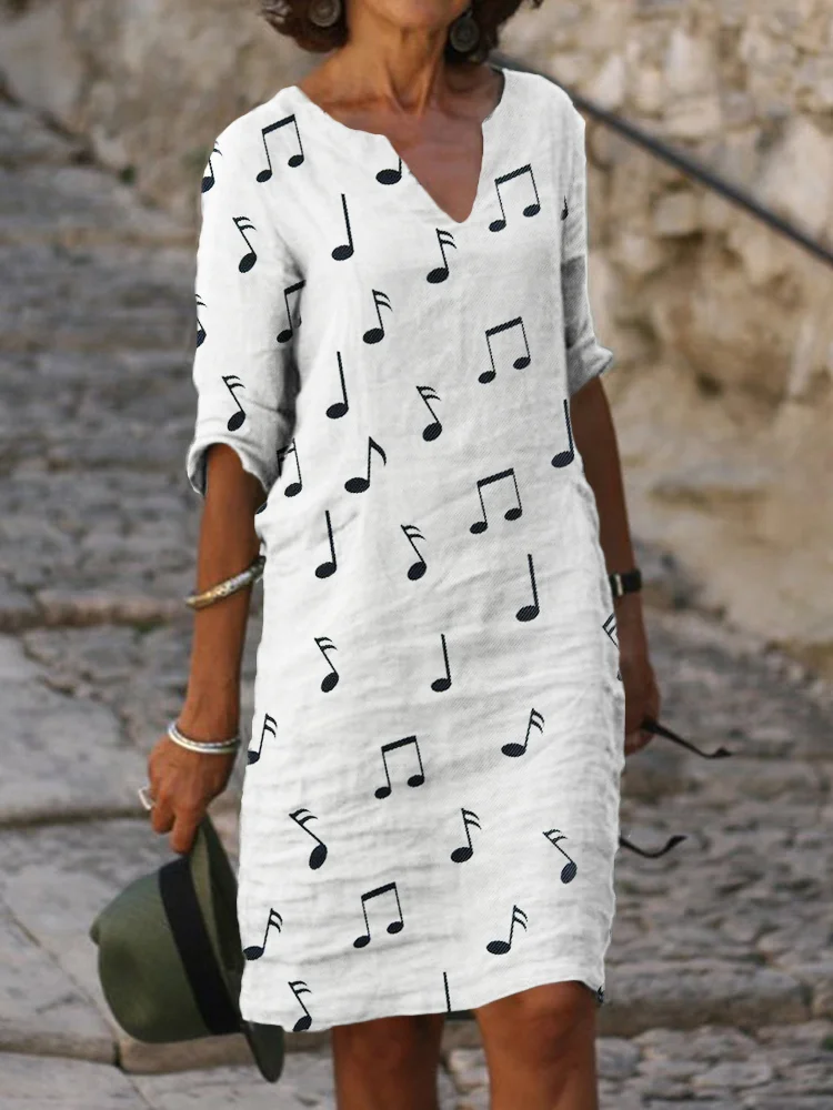 Music Notes And Signs Notch Neck Midi Dress
