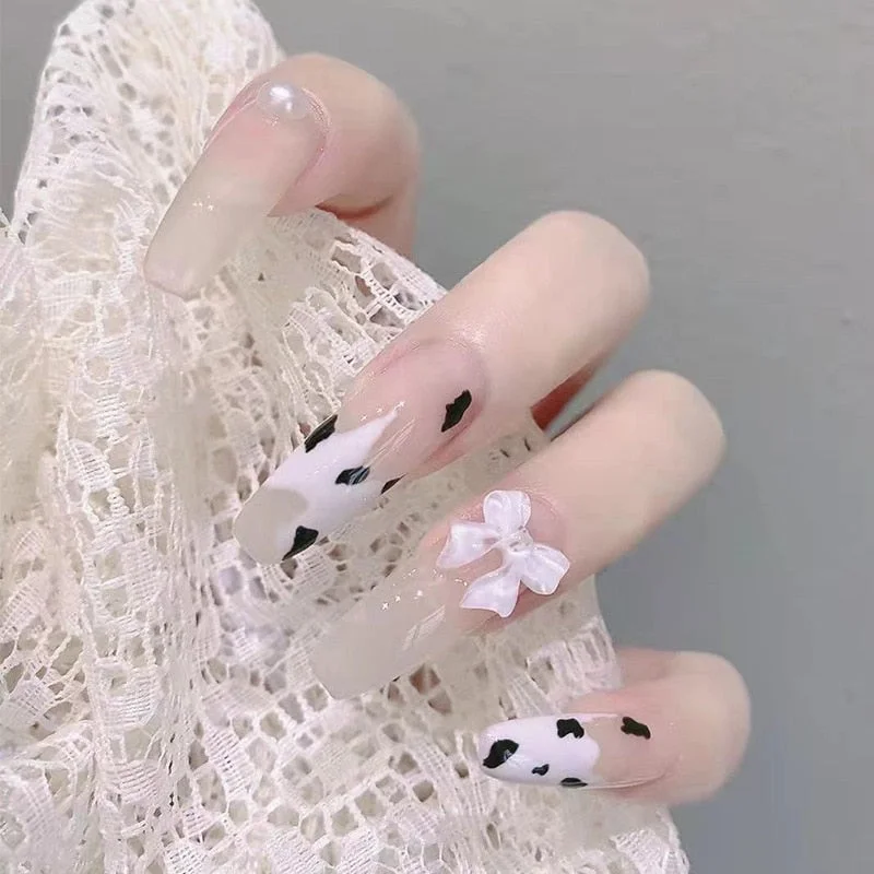 24pcs Bow Love Heart Printed Design False Nails Patch with Glue Women Manicure False Nails Patch with Glue Press On Nails Tips-Nail Inspo