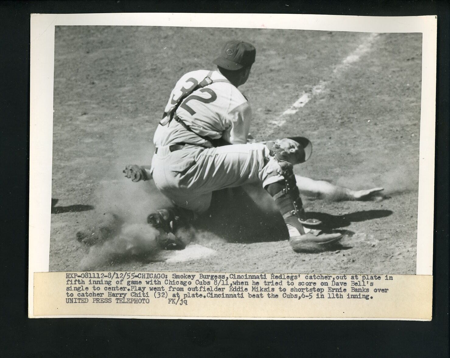 Harry Chiti tags out Smoky Burgess at home 1955 Press Photo Poster painting Cincinnati Reds Cubs