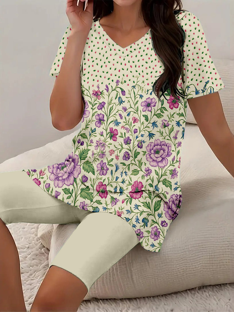 Women Long Sleeve V-neck Graphic Floral Printed Top