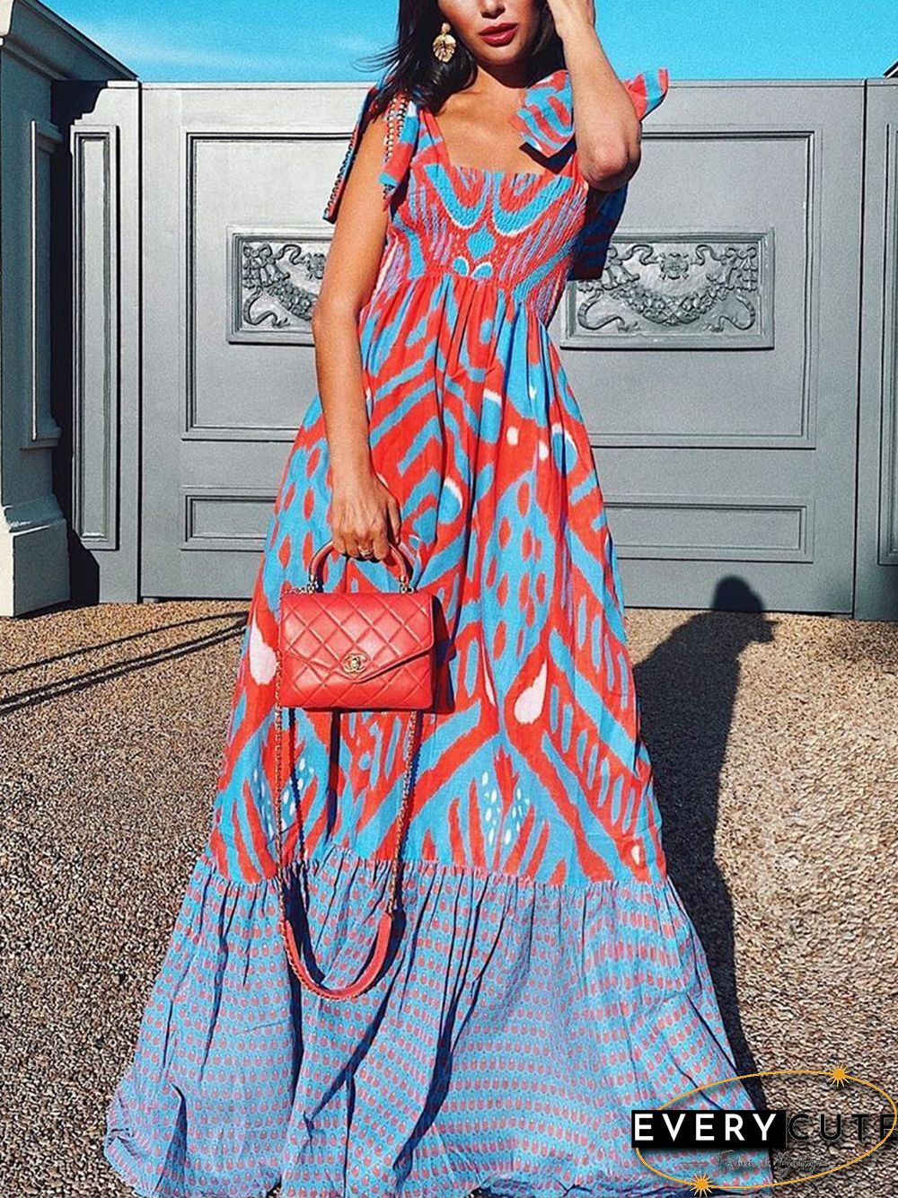 Graphic Print Loose Knotted Maxi Dress P12189