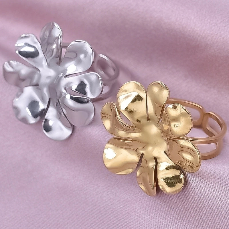 Cute Geometric Flower 304 Stainless Steel 18K Gold Plated Irregular Polishing Adjustable Ring