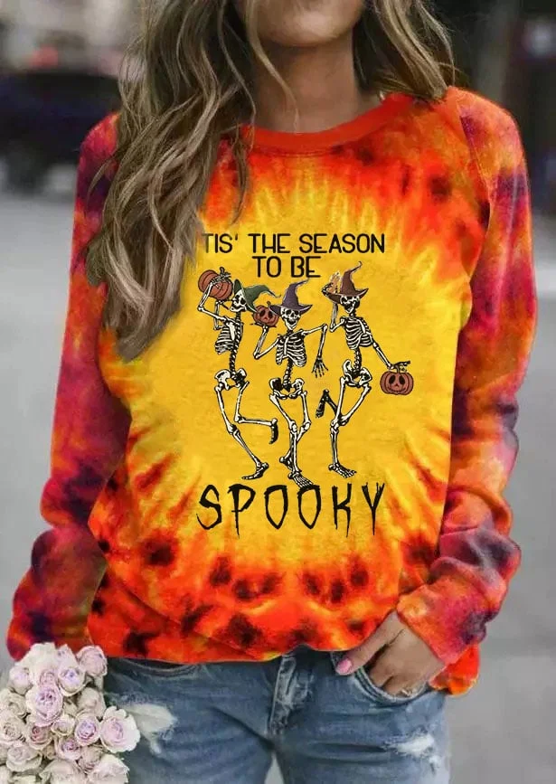 Women's Tis The Season To Be Spooky Halloween Tie Dye Printed Round Neck Long Sleeve Sweatshirt