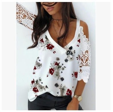 Large size loose lace womens blouse summer hollow women shirt tops fashion V-neck three-quarter sleeve casual women blouses - BlackFridayBuys