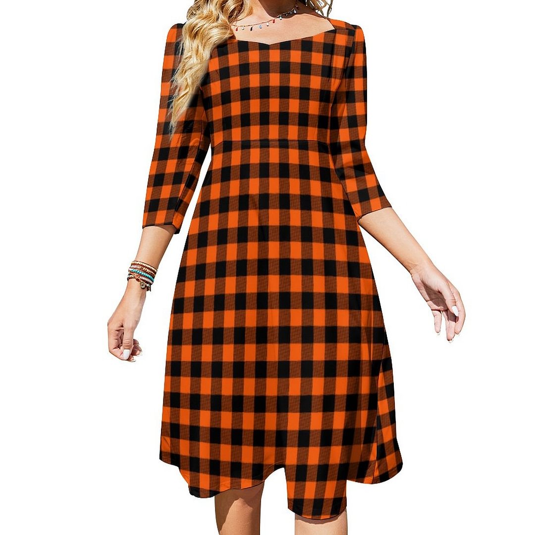 Modern Orange And Black Buffalo Plaid Pattern Dress Sweetheart Tie Back Flared 3/4 Sleeve Midi Dresses