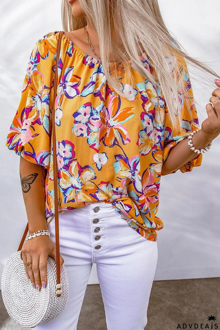 Floral Puff Sleeve Boat Neck Blouse