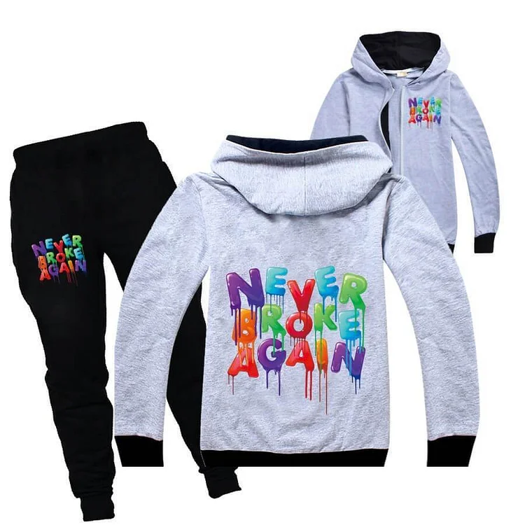 Mayoulove Never Broke Again Print Girls Boys Zip Up Hoodie And Sweatpants Set-Mayoulove