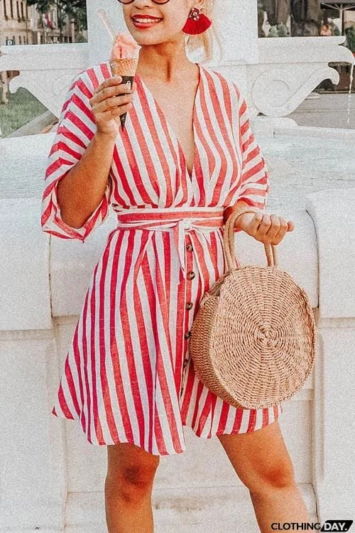 Pockets Stripe Button Mini Dress