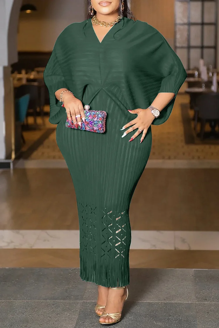 Plus Size Semi Formal Dress Green V Neck Bodycon Batwing Sleeve Maxi Dress [Pre-Order]