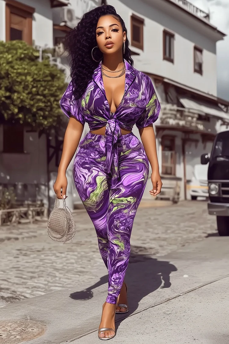 Swirl Print Puff Sleeve Blouse Leggings Pants 2pcs Set-Purple