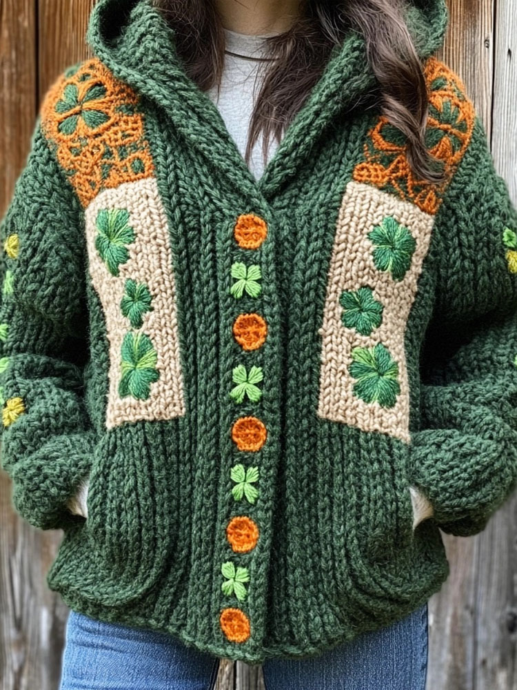 Comstylish Retro Shamrock Embroidered Cozy Hooded Cardigan