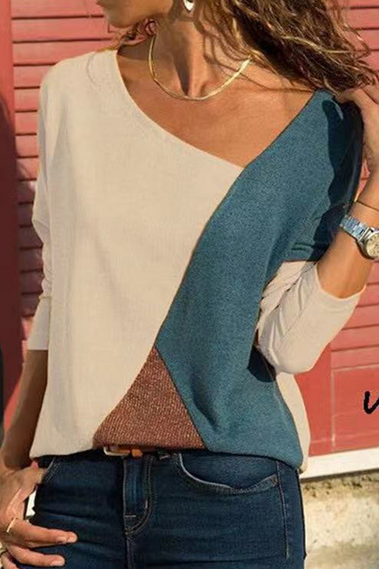 Casual Color Block Solid Color V Neck Tops(4 Colors) - Life is Beautiful for You - SheChoic