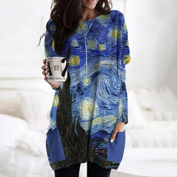 Oil Painting Star Print Long Sleeved Casual Tunic