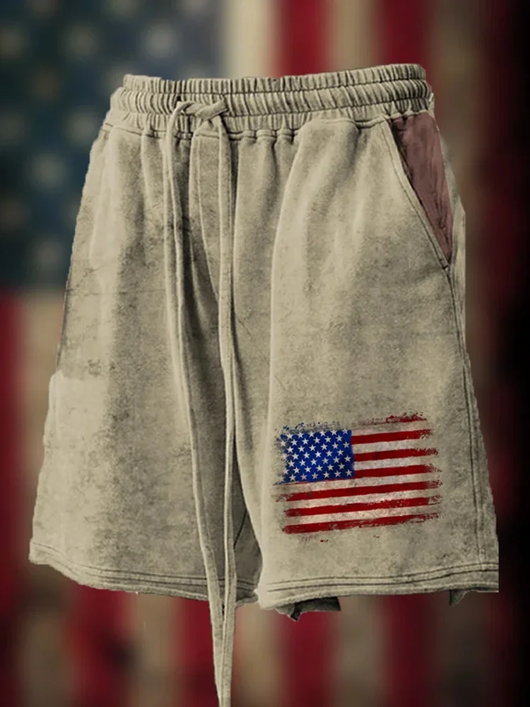 Men's Vintage Hemmed American Flag Independence Day Print Loose Shorts