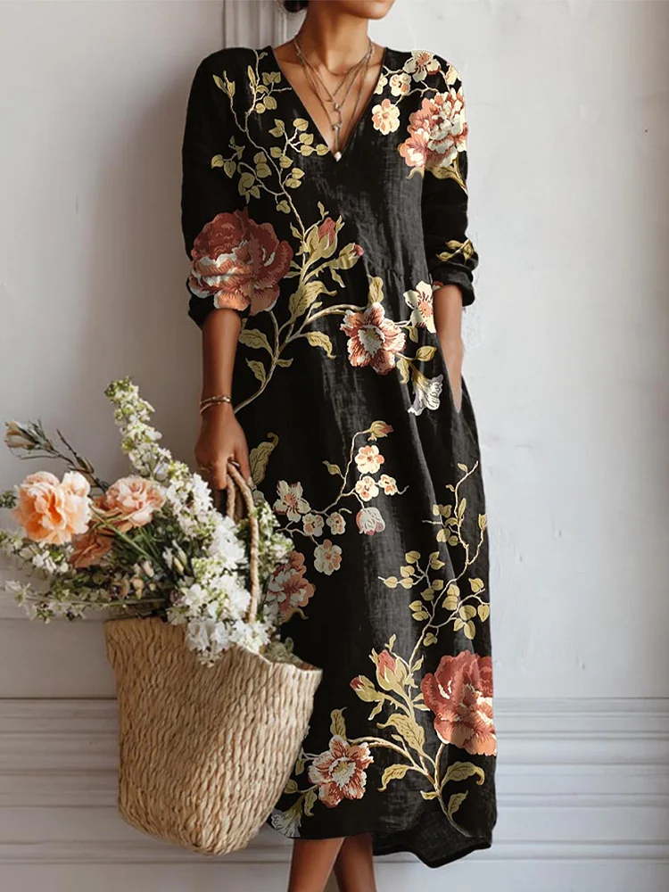Women's Vintage Floral Art Print Casual Cotton Linen Pocket Dress