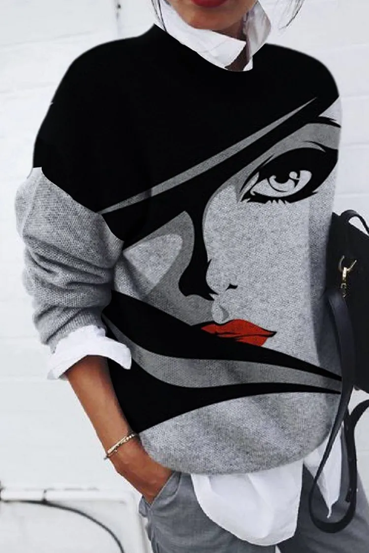 Fashion Abstract Portrait Print Loose Long Sleeve Top
