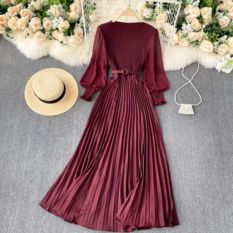 Woman Dress Elegant Office Lady Pleated Dress With Belt Round Neck Long Sleeve Long Dresses For Women Spring Autumn Clothing 1022