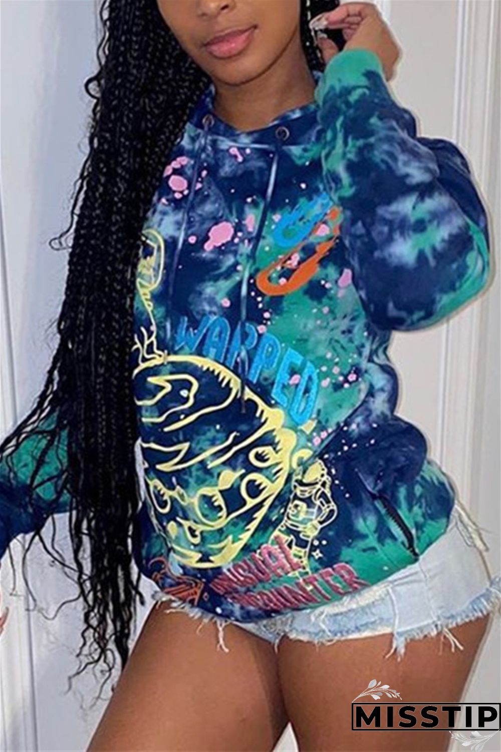 Deep Blue Fashion Casual Hooded Collar Long Sleeve Regular Sleeve Regular Print Tops