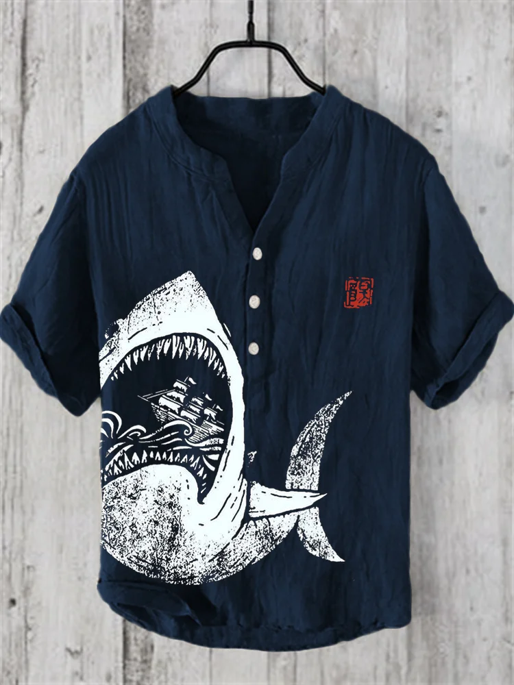 Giant Shark Japanese Lino Art Linen Blend Shirt