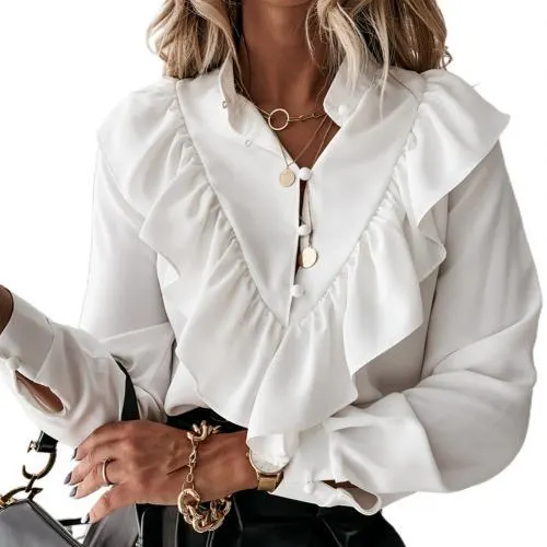 Women New Fashion Elegant V Neck Ruffle Dot Print Long Sleeve Blouse Office Pullover Shirt Office Blouse Slim Casual Top S-3XL