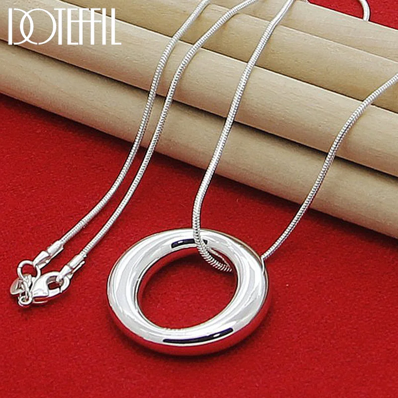 DOTEFFIL 925 Sterling Silver Smooth Circle Round Pendant Necklace 18 Inch Snake Chain For Women Jewelry