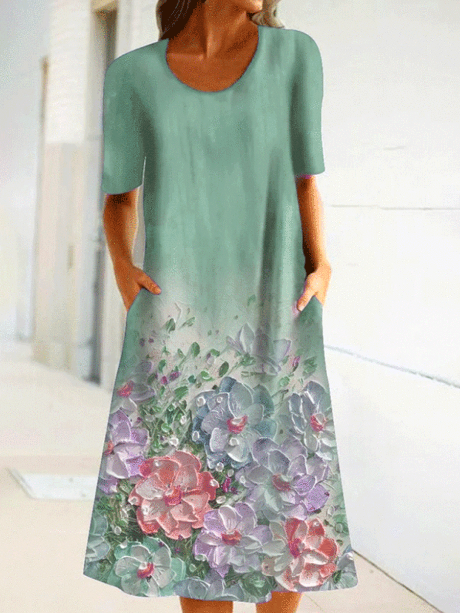 Floral Print Round Neck Short Sleeve Midi Dress