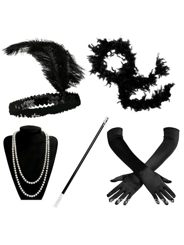 Retro Flapper Girl Prom Black Gloves Necklace Five-Piece Set-elleschic