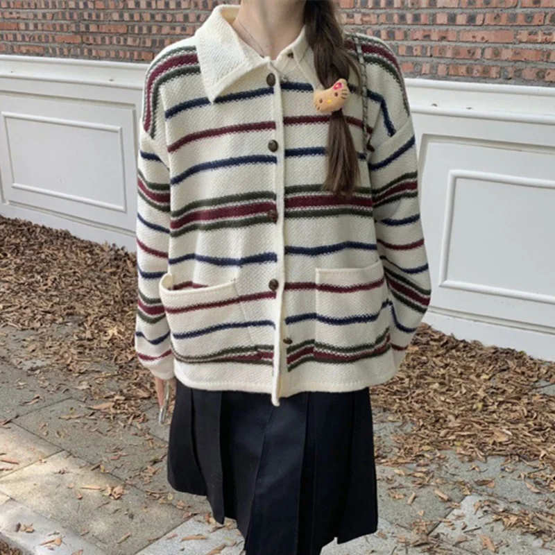 Churchf Churchf 2024 South Korean Autumn And Winter New Loose Lazy Wind Lapel Shows Thin Knit Cardigan Striped Coat Jacket Female