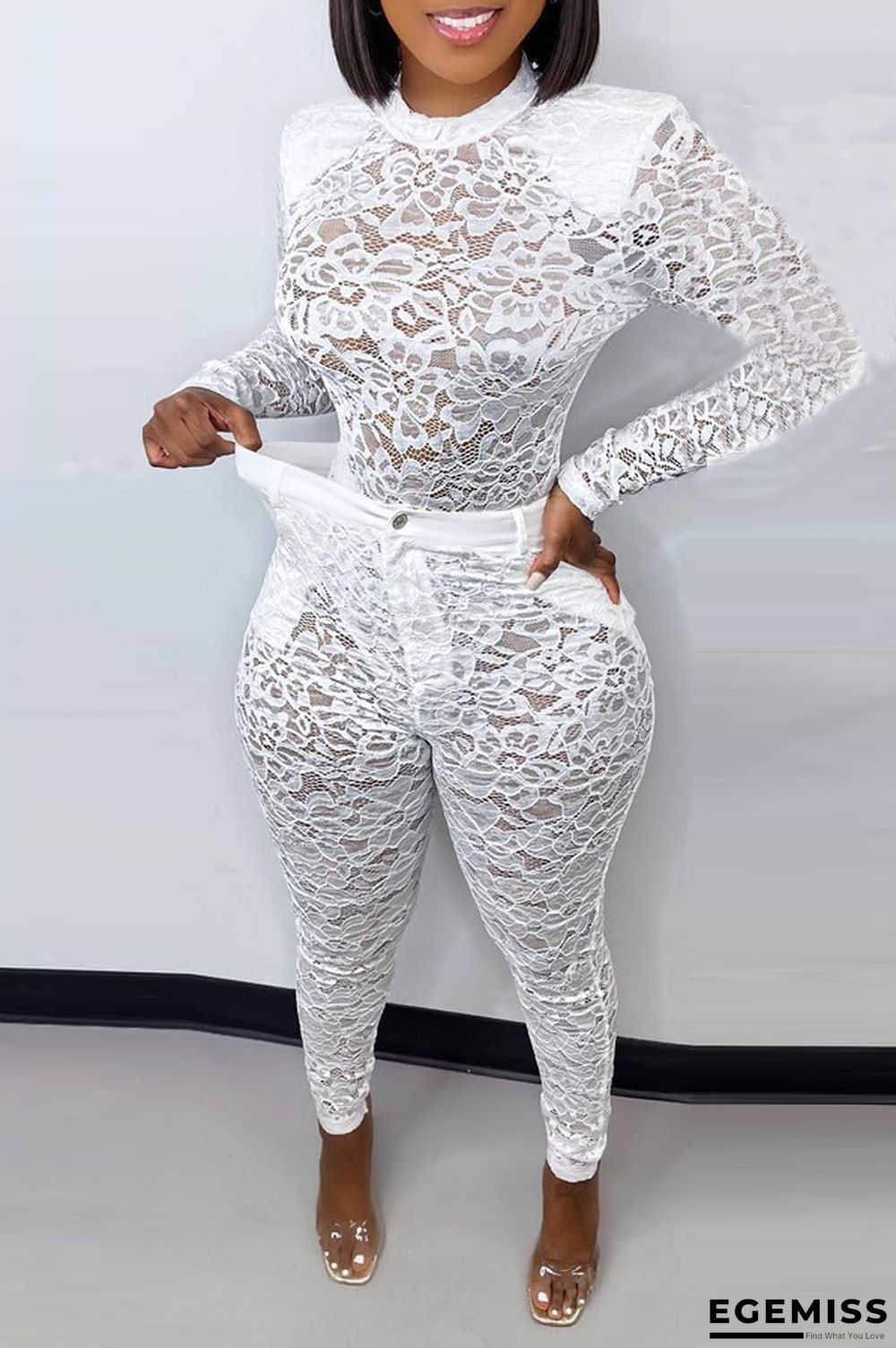 White Sexy Turtleneck Perspective Lace Two-Piece Set | EGEMISS