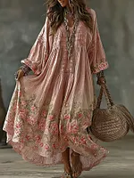 Women's Vintage Vacation Floral Art Flowy Linen Blend Casual Round Neck Long Sleeve Maxi Dress