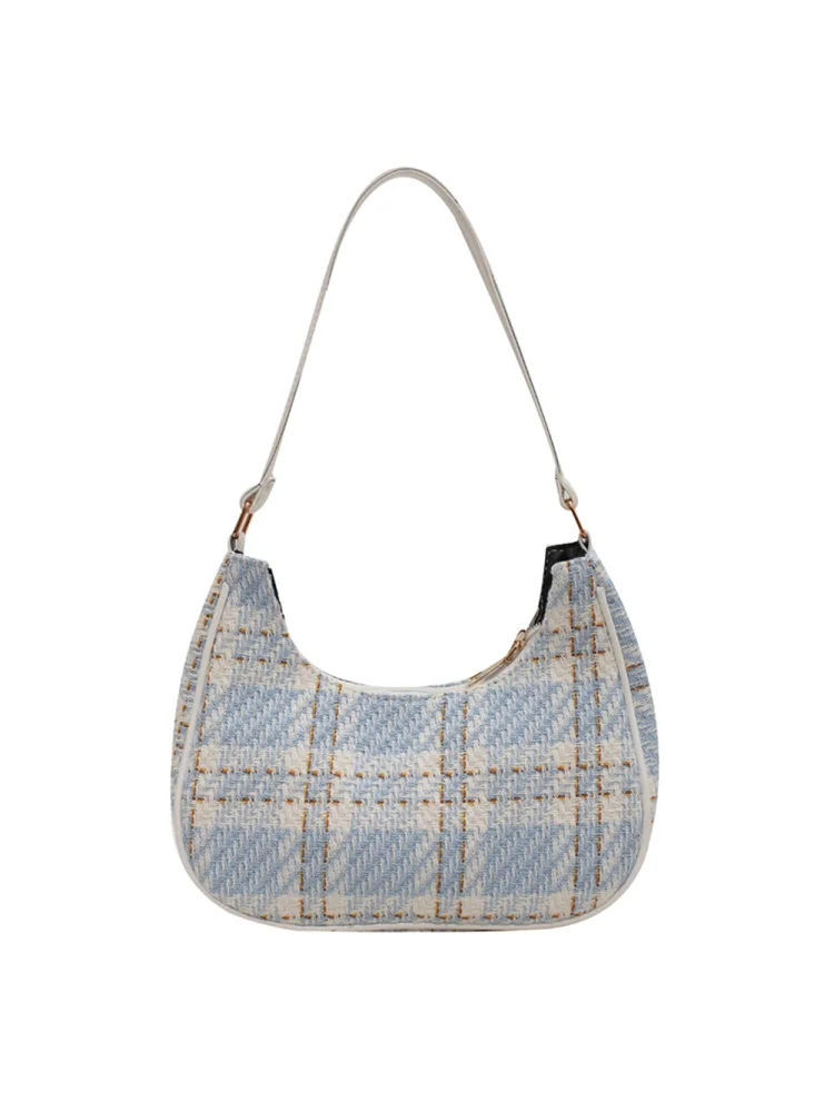 Retro Women Plaid Print Canvas Underarm Bag Hobos Handbags (Light Blue)