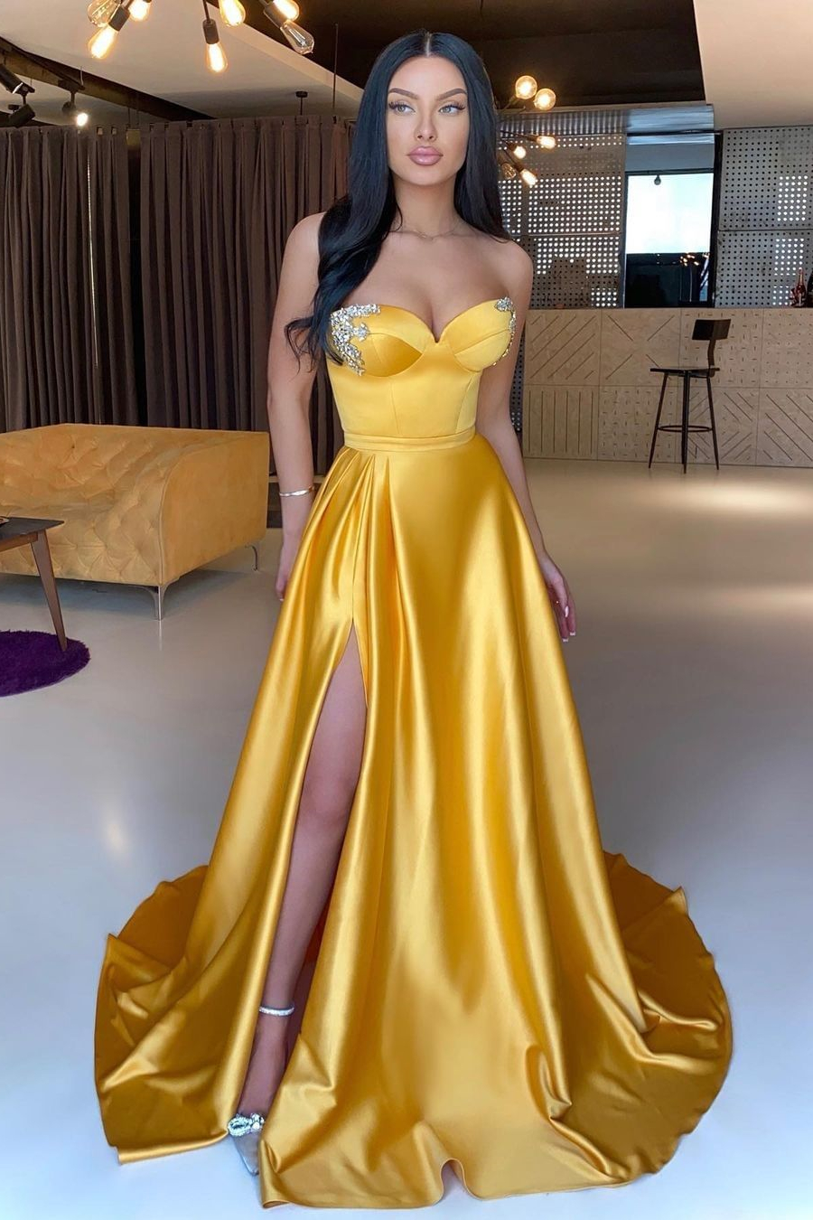 Modern Sweetheart Yellow Long Prom Dress Split With Beads - lulusllly