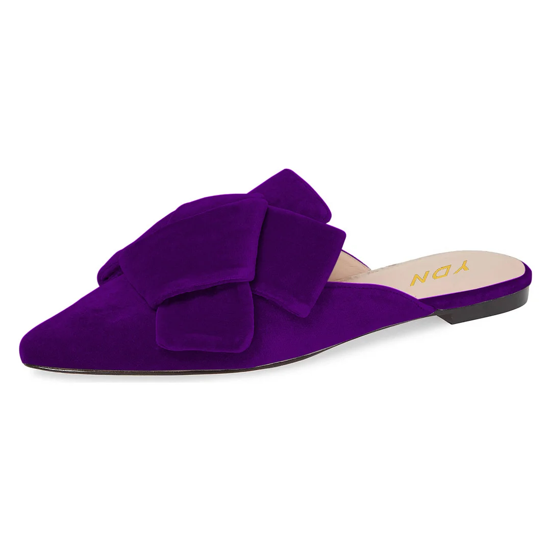Purple Velvet Flat Pointed Toe Slip-On Knot Mule Shoes for Women