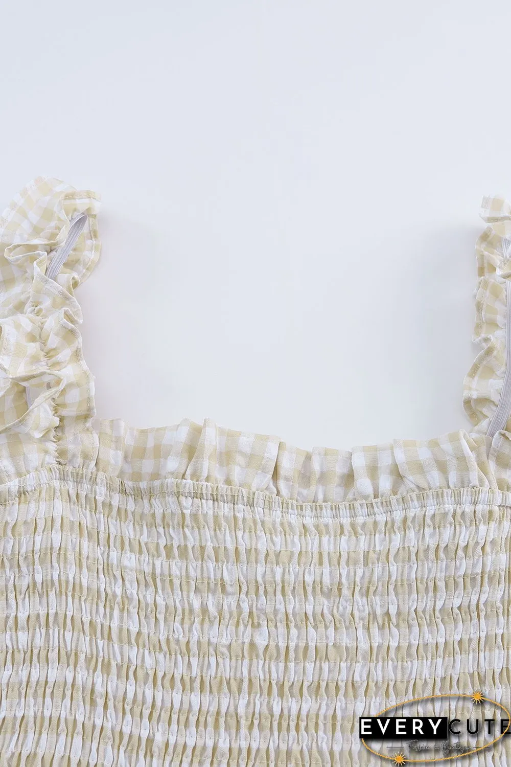 Khaki Plaid Ruffled Sleeve Smocked Maxi Dress