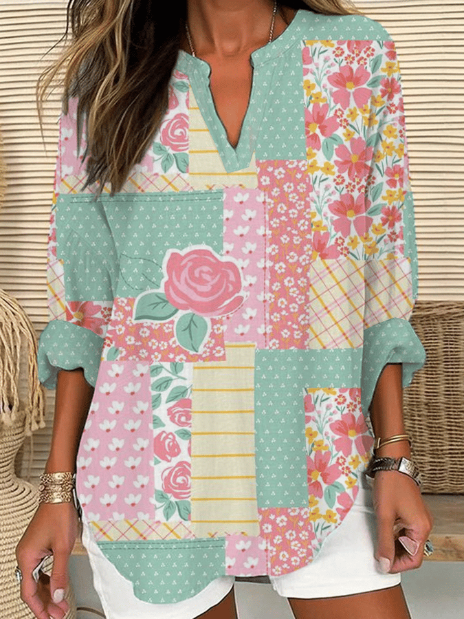 Women's Vintage Floral Print Casual Long Sleeve V-Neck Shirt 