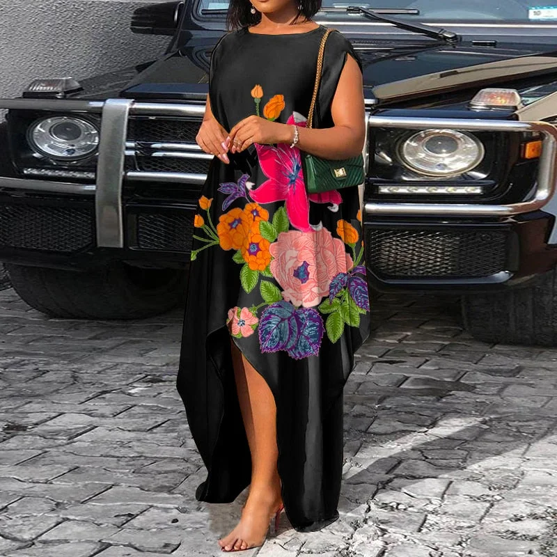 VONDA Bohemian Summer Maxi Dress 2022 Women Vintage Floral Print Satin Dresses Sexy Sleeveless Irregular Hem Vestidos Oversized